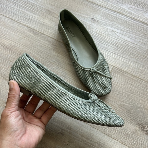 SCHUTZ Shoes - Schutz Leather & Raffia‎ Flats Dark Ivy Womens Size 8 NWOB